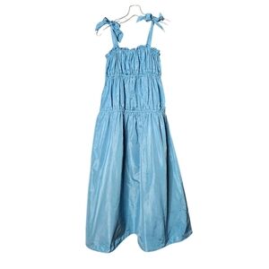 Zara Blue Taffeta Bow Straps Tiered Crinkled Full Maxi Sun Dress Size XS
